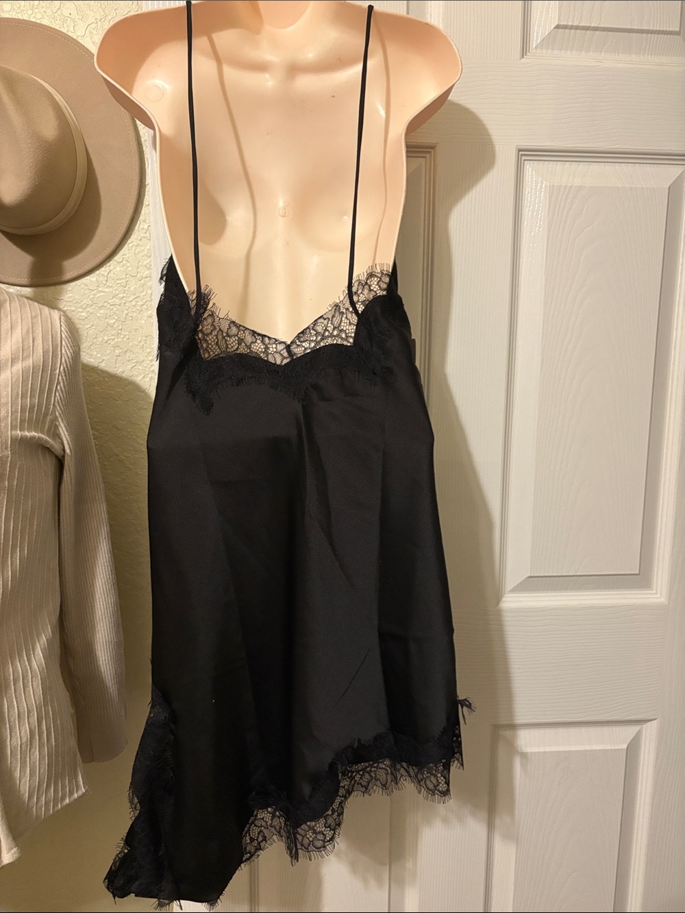 Black Lace Trim Satin Slip Dress - Picture 2 of 2